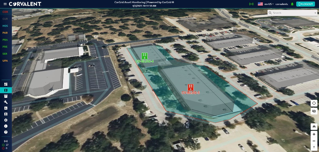 Painel CorGrid — mapa 3D dos edifícios com ativos monitorados por unidade