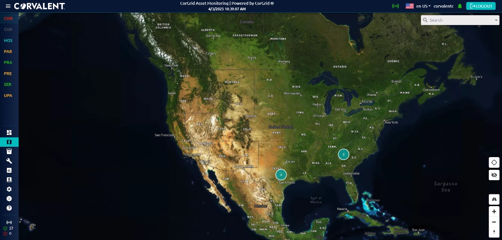 Painel CorGrid — visão geral de unidades monitoradas no mapa